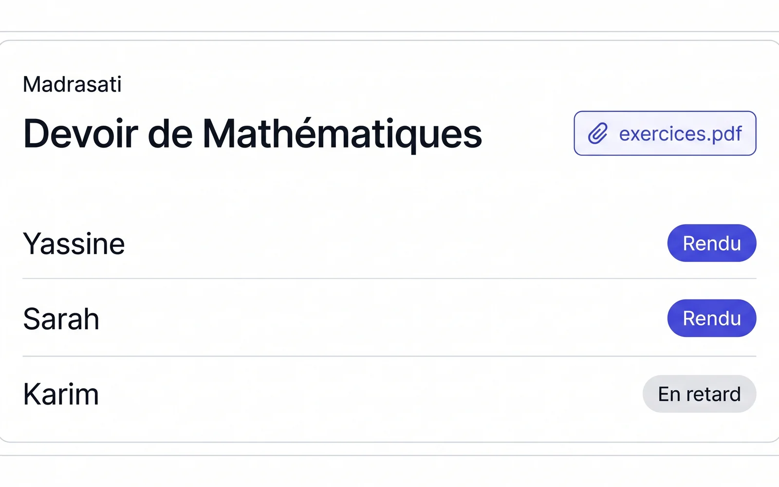 Devoir publié avec pièce jointe et rendus des élèves