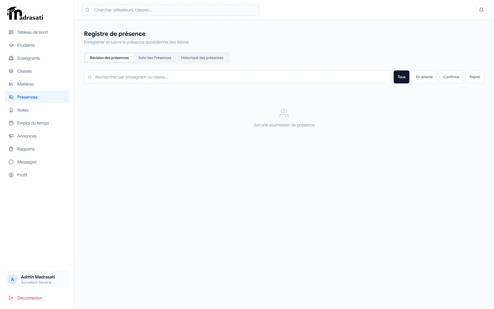 Écran de présences avec file de validation